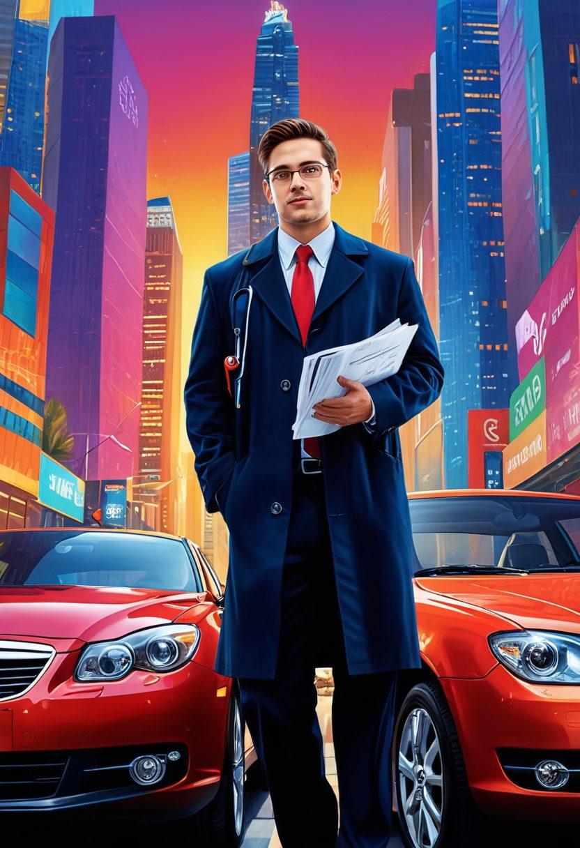 A dynamic scene depicting a passionate adult industry worker, confidently engaging with both automotive and health insurance documents, surrounded by symbols of both worlds like a sleek car and medical symbols like a stethoscope. The background features a vibrant city skyline, representing modernity and diversity. The composition should blend professionalism with creativity, showcasing a balance between personal passion and practical insurance needs. vivid colors. modern art style.