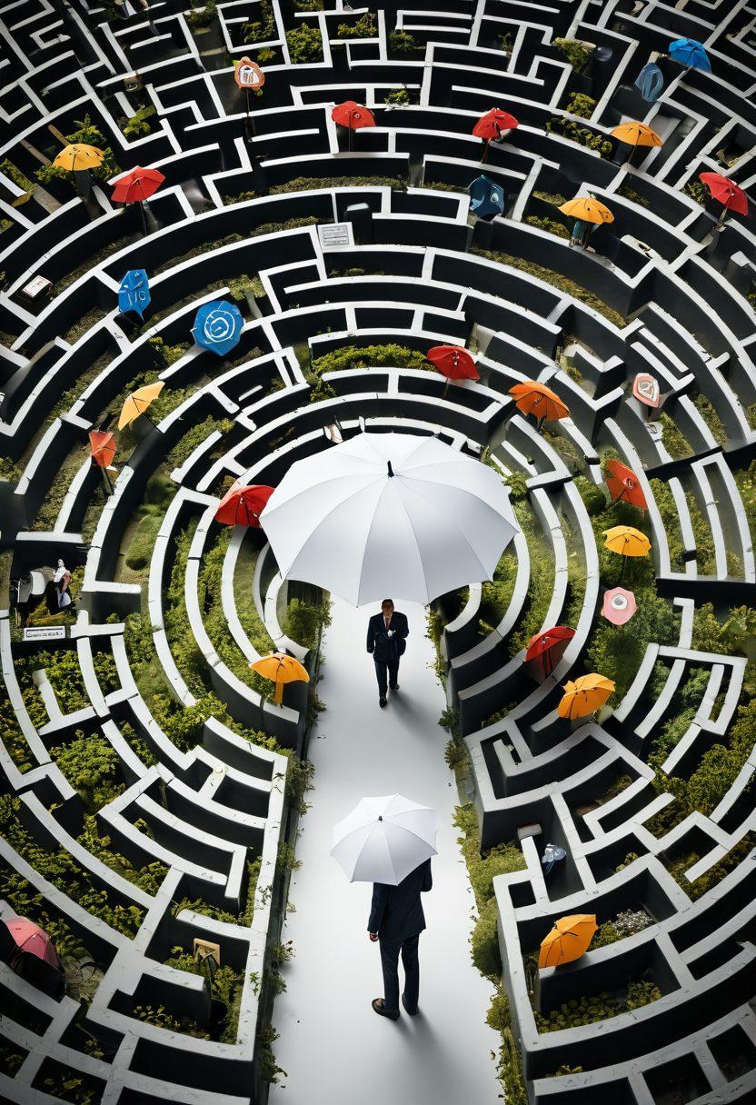 A thoughtful adult navigating through a maze of risks, holding an umbrella emblazoned with insurance icons like shields and locks. The background features a balance scale symbolizing security and risk, with various adult ventures like travel, health, and business represented in the corners. Soft, inviting colors convey a sense of safety and assurance. super-realistic. vibrant colors. white background.