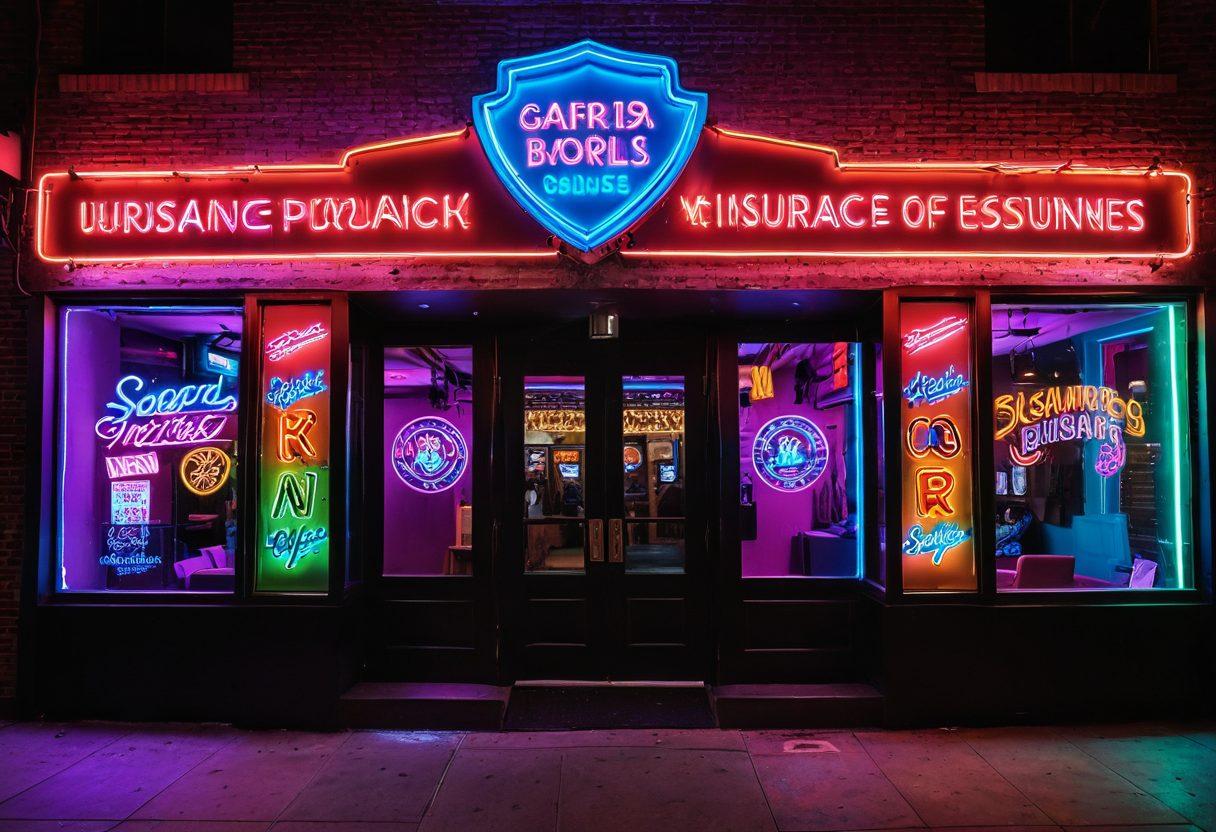 A bold and provocative depiction of an adult entertainment venue, showcasing vibrant neon lights and an inviting entrance. Surrounding the venue, a shield symbolizing protection, adorned with insurance documents and playful elements like handcuffs and feather boas. A confident individual, representing a passionate entrepreneur, stands proudly beside the shield. The atmosphere is lively yet secure, blending elements of creativity and protection. super-realistic. vibrant colors. neon lights.